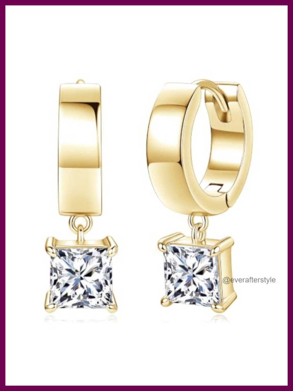 Princess Moissanite Hoop Earrings for Women - 14k Gold Plated, 2 CTTW
